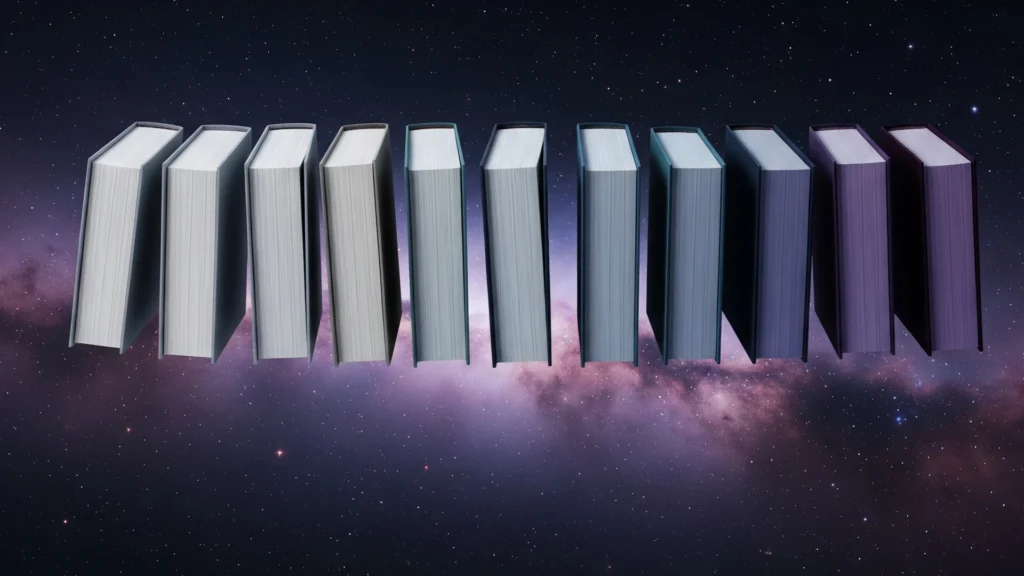 An Image of ten books floating in space to indicate a 10 book series arc, going from light to dark from left to right hinting at the storyline getting darker over time.